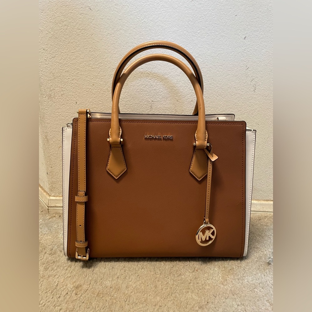 Michael Kors Hope Large Tan and White Satchel: